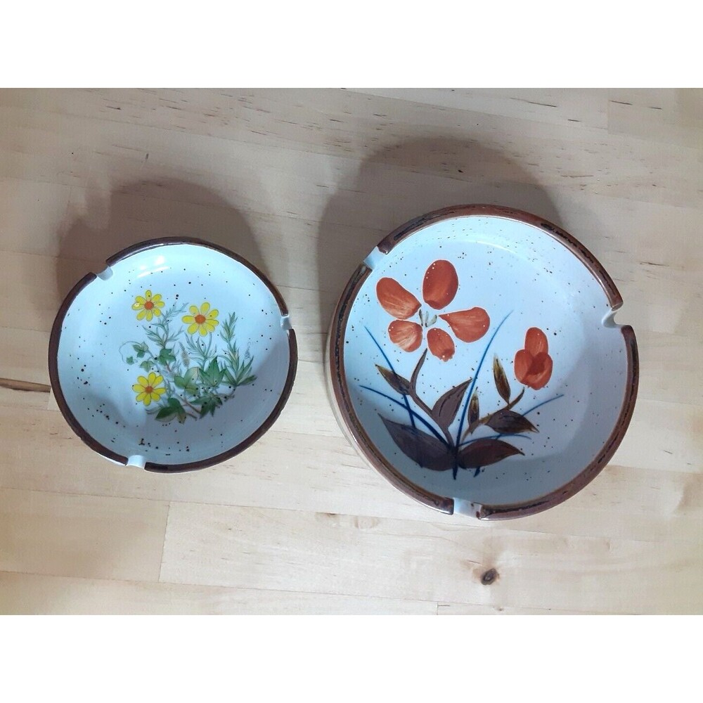 Vtg MCM Otagiri Brown Speckled Stoneware Ashtray Hand Painted Floral Japan Set